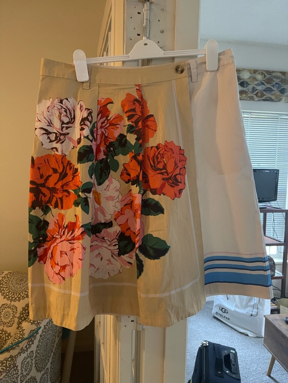 Floral Panel A-Line Skirt - Beige with Orange & Pink Roses Maeve Skorts